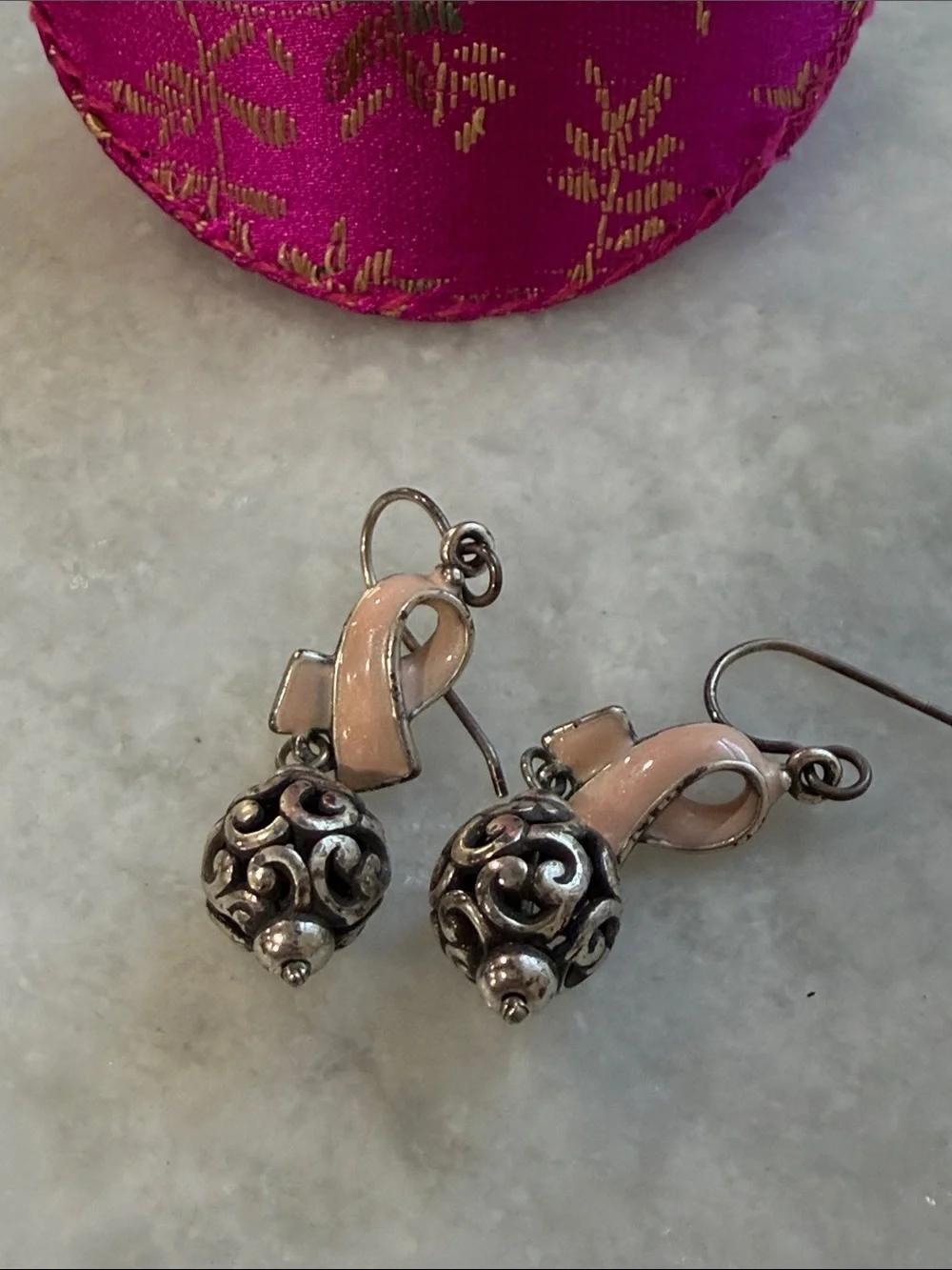 Brighton Pink Ribbon Dangle Earrings with Filigree Silver Beads